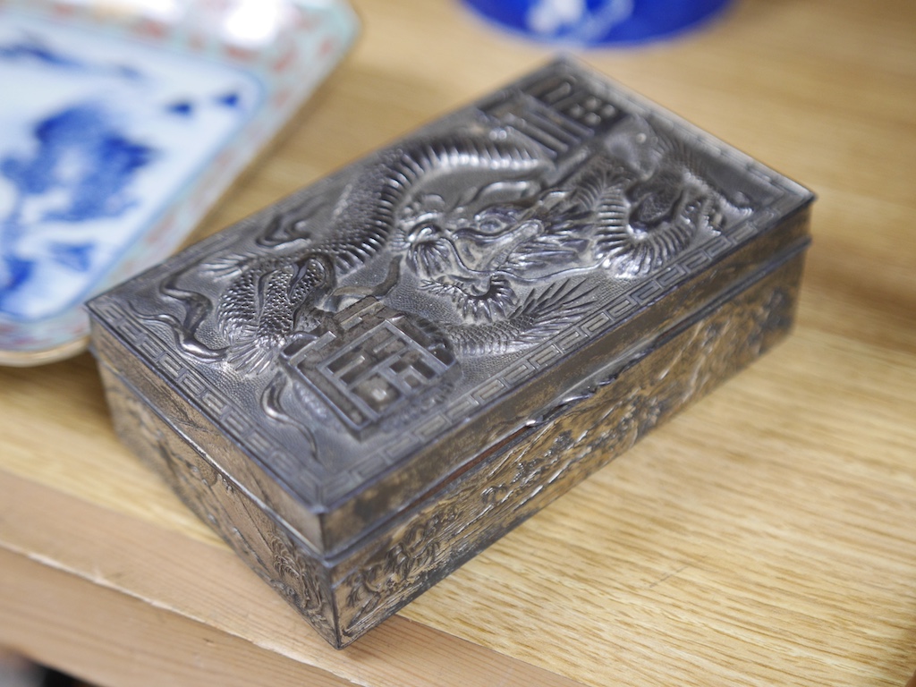 A group of Chinese and Japanese items to include silvered dragon box, hand mirror and square dish. Condition - varies